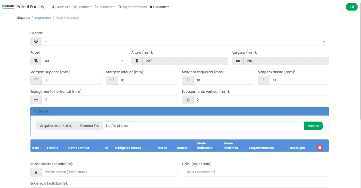 Interface de importação de planilha Excel para geração automática de etiquetas em massa baseada em cadastro de produtos.