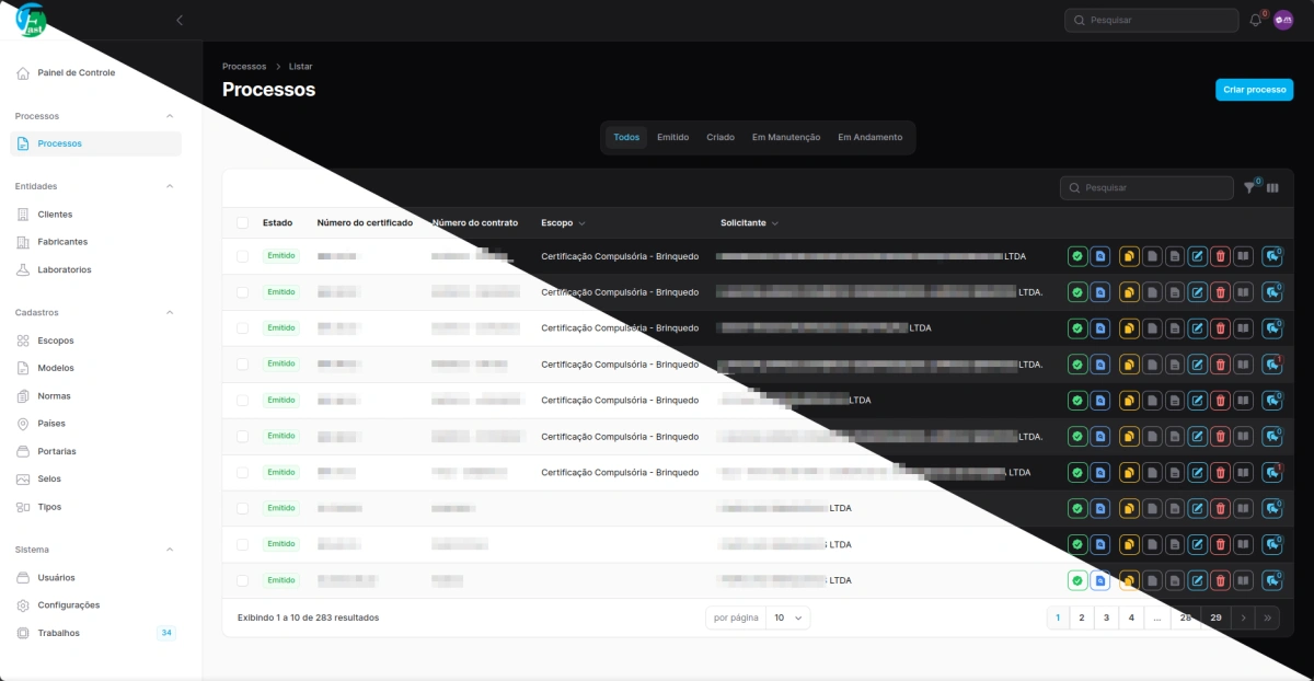 Interface de listagem de processos com status coloridos e ações rápidas em design limpo e responsivo.