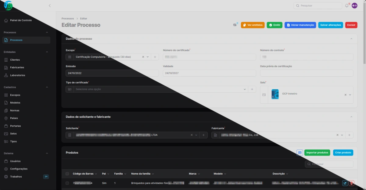Formulário de edição de processo com design moderno, mostrando campos claros e organização visual hierárquica.