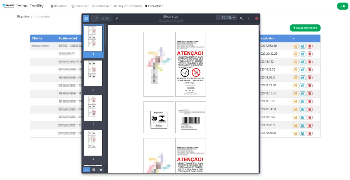 Pré-visualização de impressão em lote gerada pelo sistema, mostrando múltiplas etiquetas de produtos diferentes em um único arquivo.