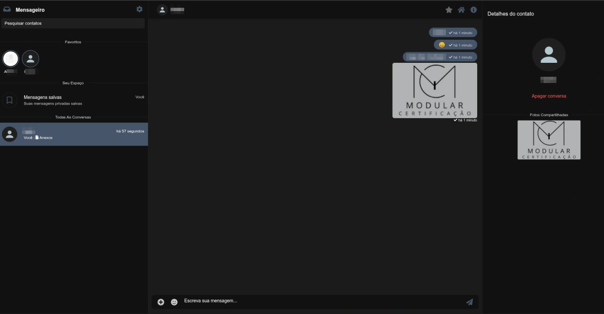 Interface de mensageiro interno corporativo, permitindo comunicação segura e criptografada entre auditores e gestores sem sair da plataforma.