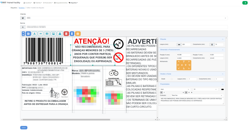 Exemplo de tela de edição de layout de etiquetas para produtos - Sistema web - Facility Certificação